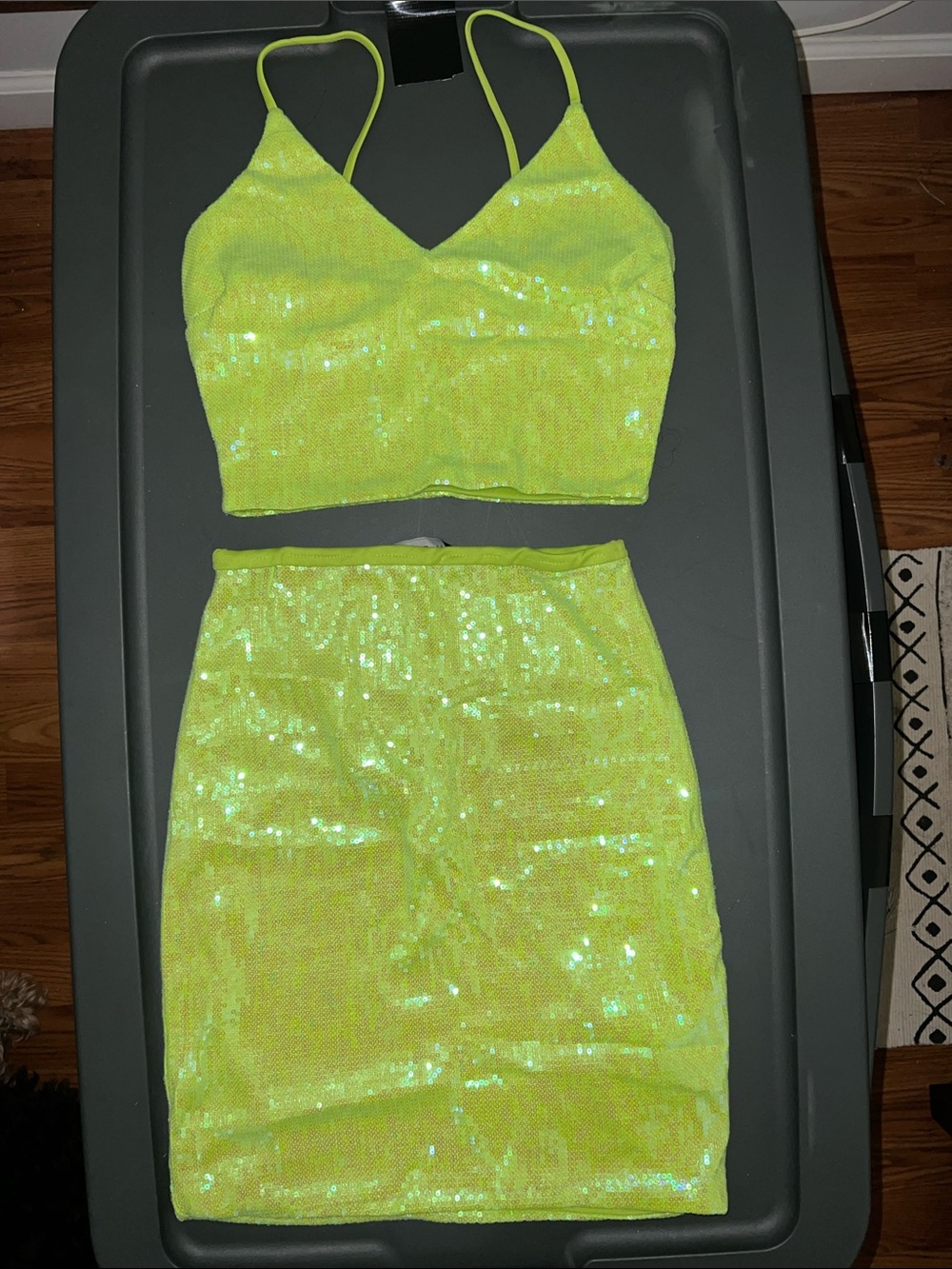 Neon Lime Sequin Two-Piece Crop Top & Skirt Set